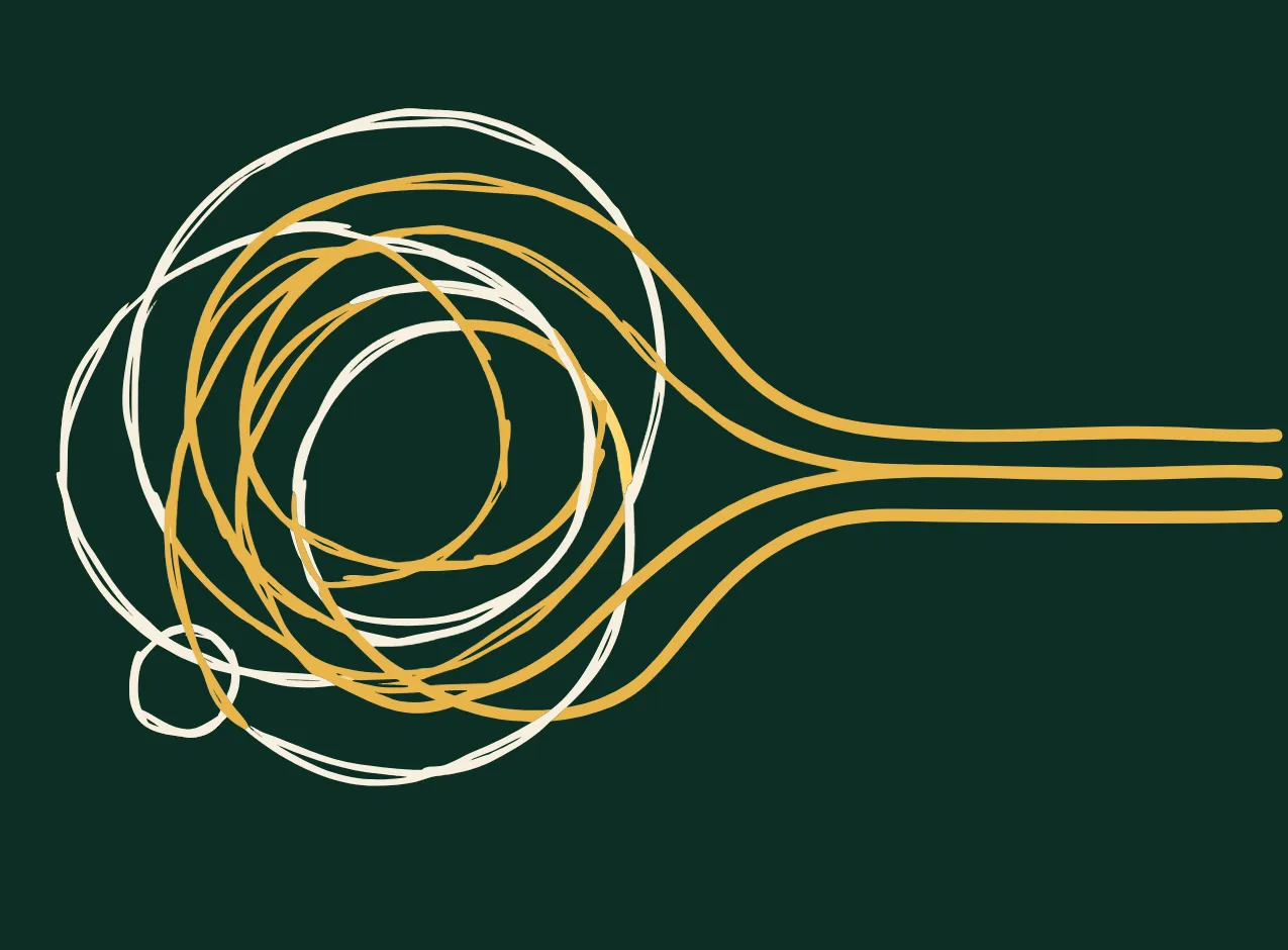 A tangle of looping cream and gold lines on the left resolving into three straight parallel gold lines running off to the right.